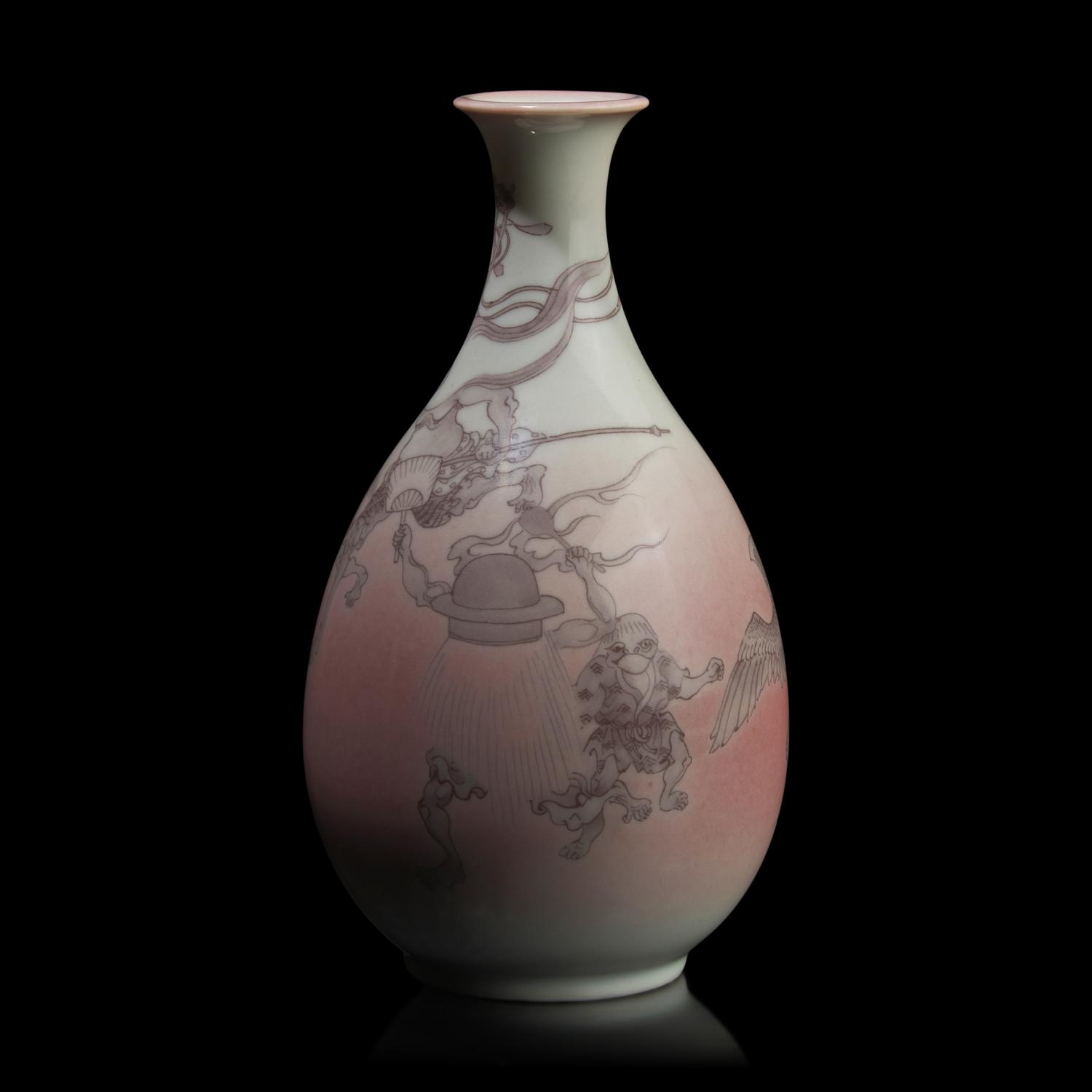 An Unusual Japanese Underglaze Red-Decorated "Goblins" Cabinet Vase, Underglaze Blue Seal Mark Makuzu Kozan