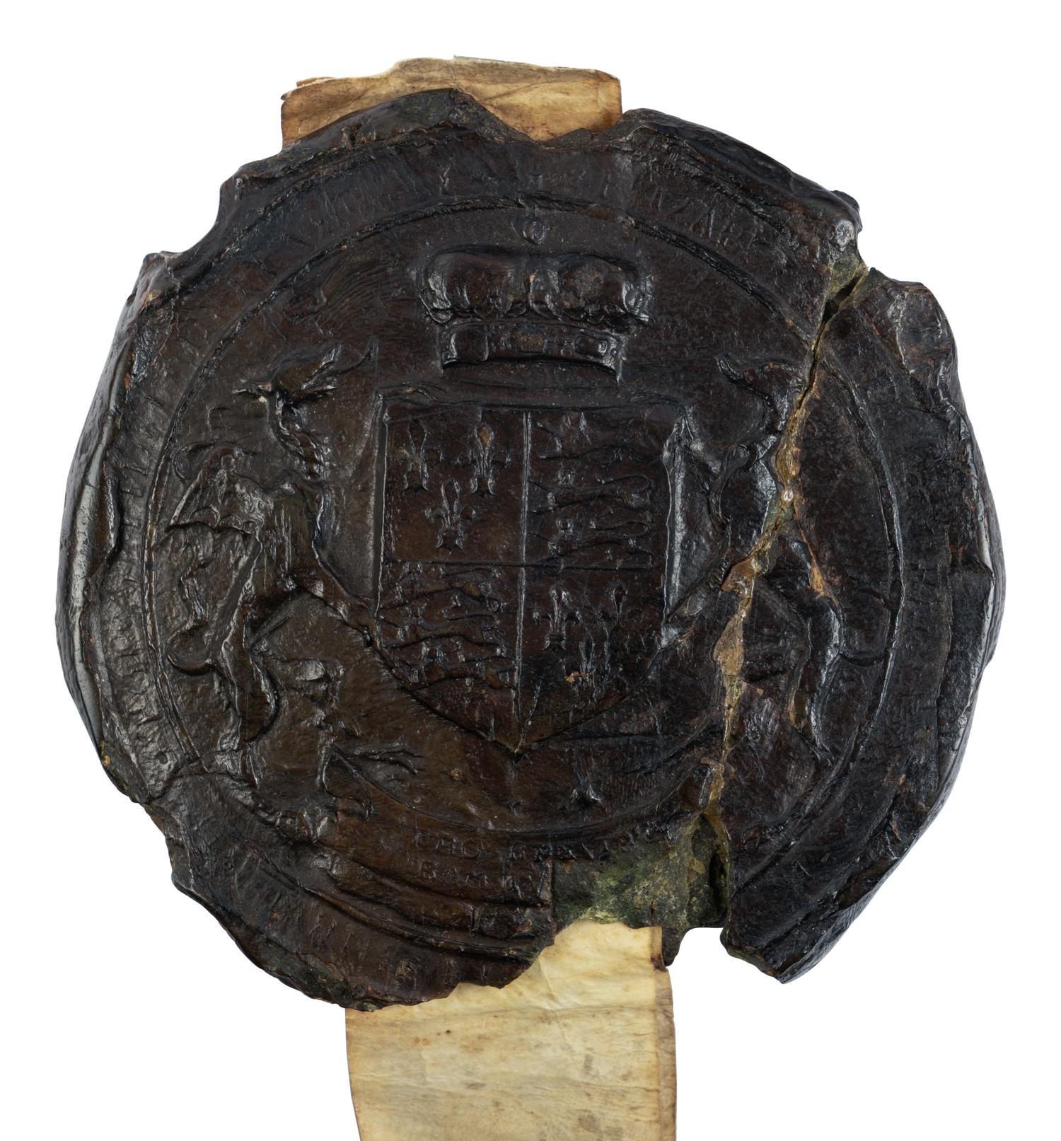 CHANCERY OF ELIZABETH I (r. 17 November 1558–24 March 1603) Single parchment sheet with Common Recovery under the Great Seal of Elizabeth I, involving lands in Suffolk, in Latin, manuscript on parchment [London, Court of King’s Bench, Trinity Term, 21 Elizabeth, 1579]