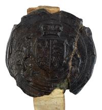 CHANCERY OF ELIZABETH I (r. 17 November 1558–24 March 1603) Single parchment sheet with Common Recovery under the Great Seal of Elizabeth I, involving lands in Suffolk, in Latin, manuscript on parchment [London, Court of King’s Bench, Trinity Term, 21 Elizabeth, 1579]