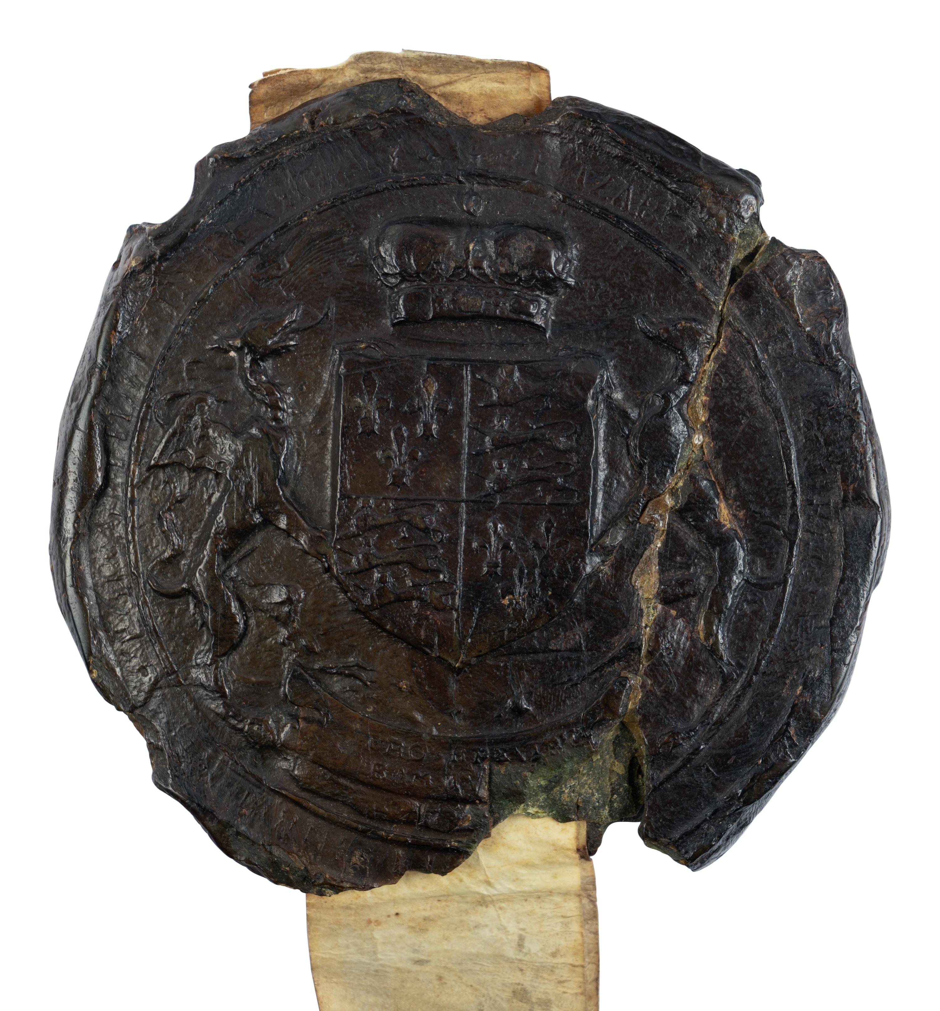 CHANCERY OF ELIZABETH I (r. 17 November 1558–24 March 1603) Single parchment sheet with Common Recovery under the Great Seal of Elizabeth I, involving lands in Suffolk, in Latin, manuscript on parchment [London, Court of King’s Bench, Trinity Term, 21 Elizabeth, 1579]