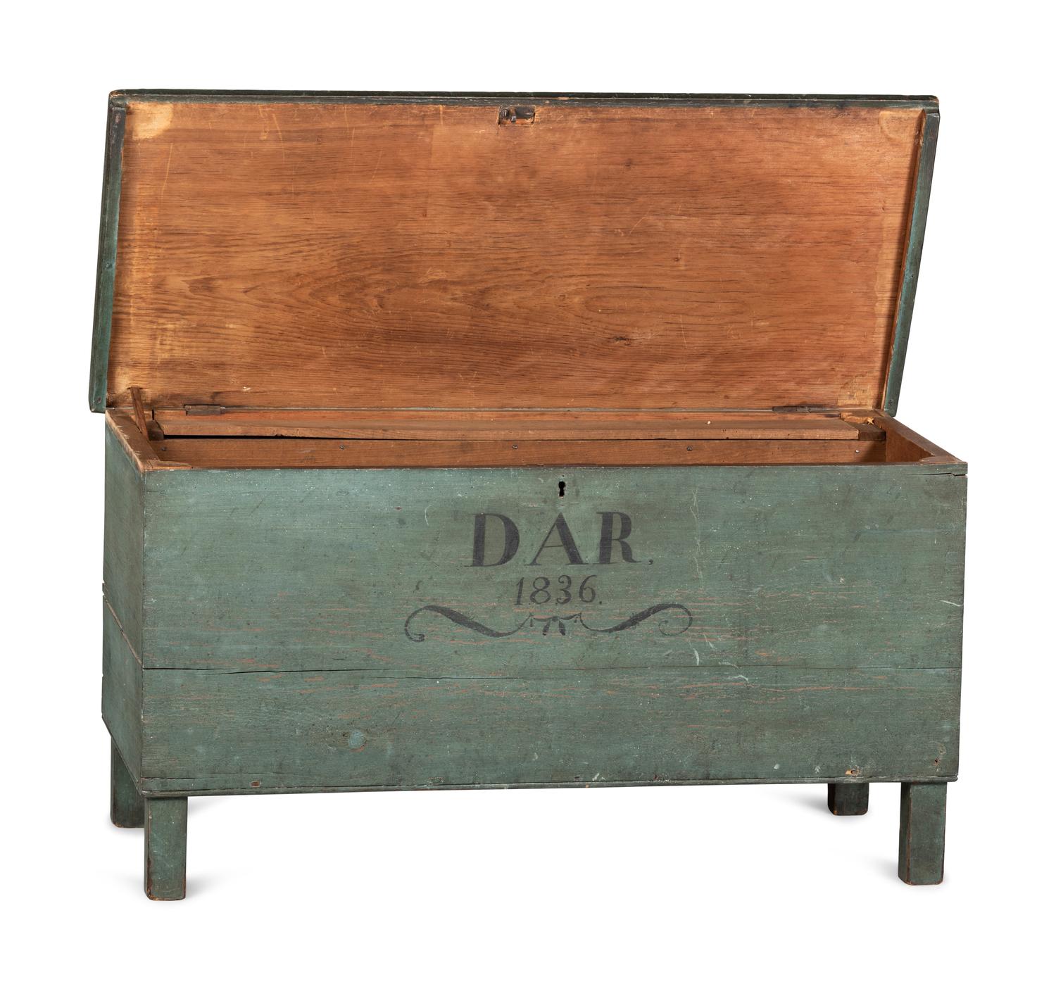 A Federal Blue Painted Poplar DAR 1836 Inscribed Blanket Chest