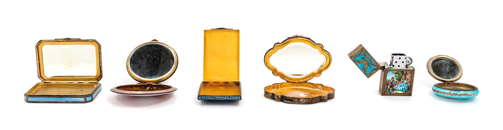 A Group of Five Enameled Silver Compacts