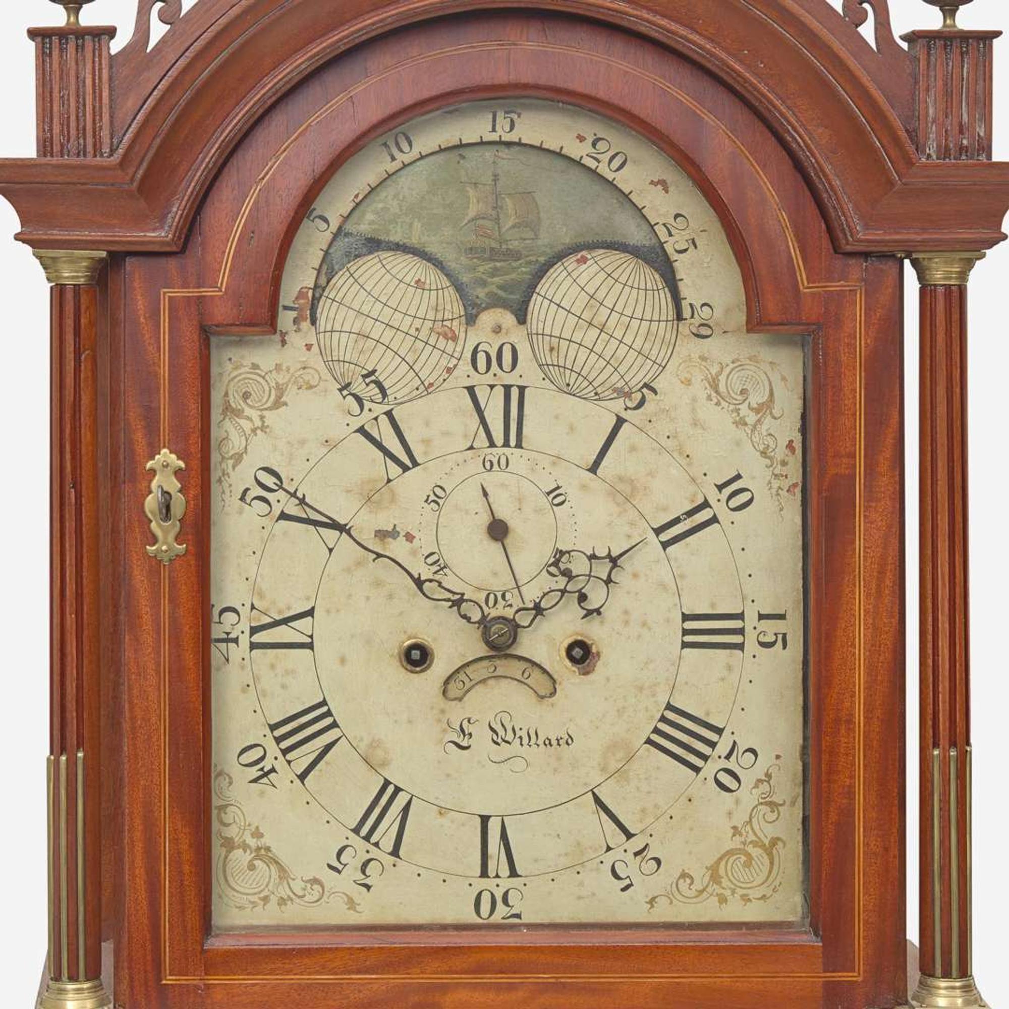 A Federal inlaid mahogany tall case clock Face signed Ephraim Willard (1755-1832), circa 1800