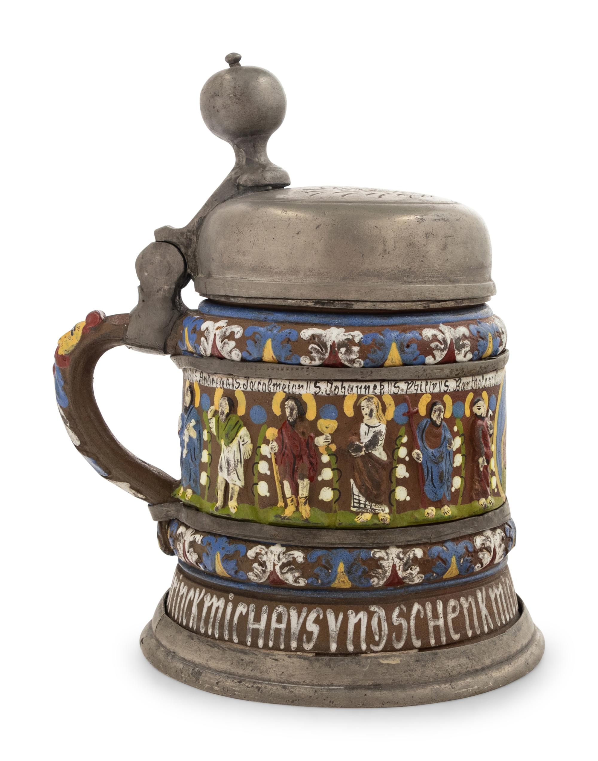 A German Kreussen "Apostle" Hand-Painted Pewter and Stoneware Stein