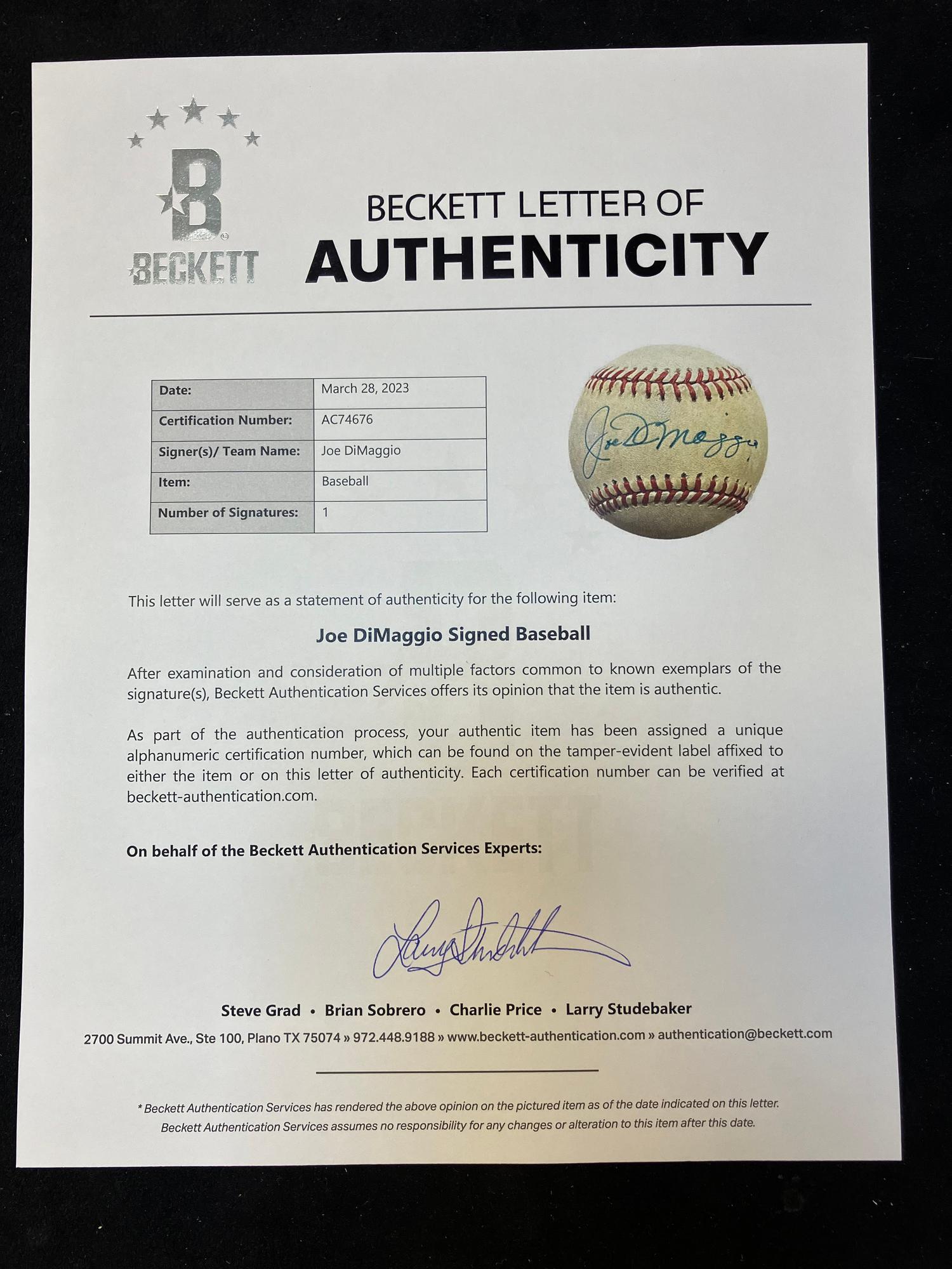 A Joe DiMaggio Single Signed Autograph Baseball (Beckett Authentication Services Letter)
