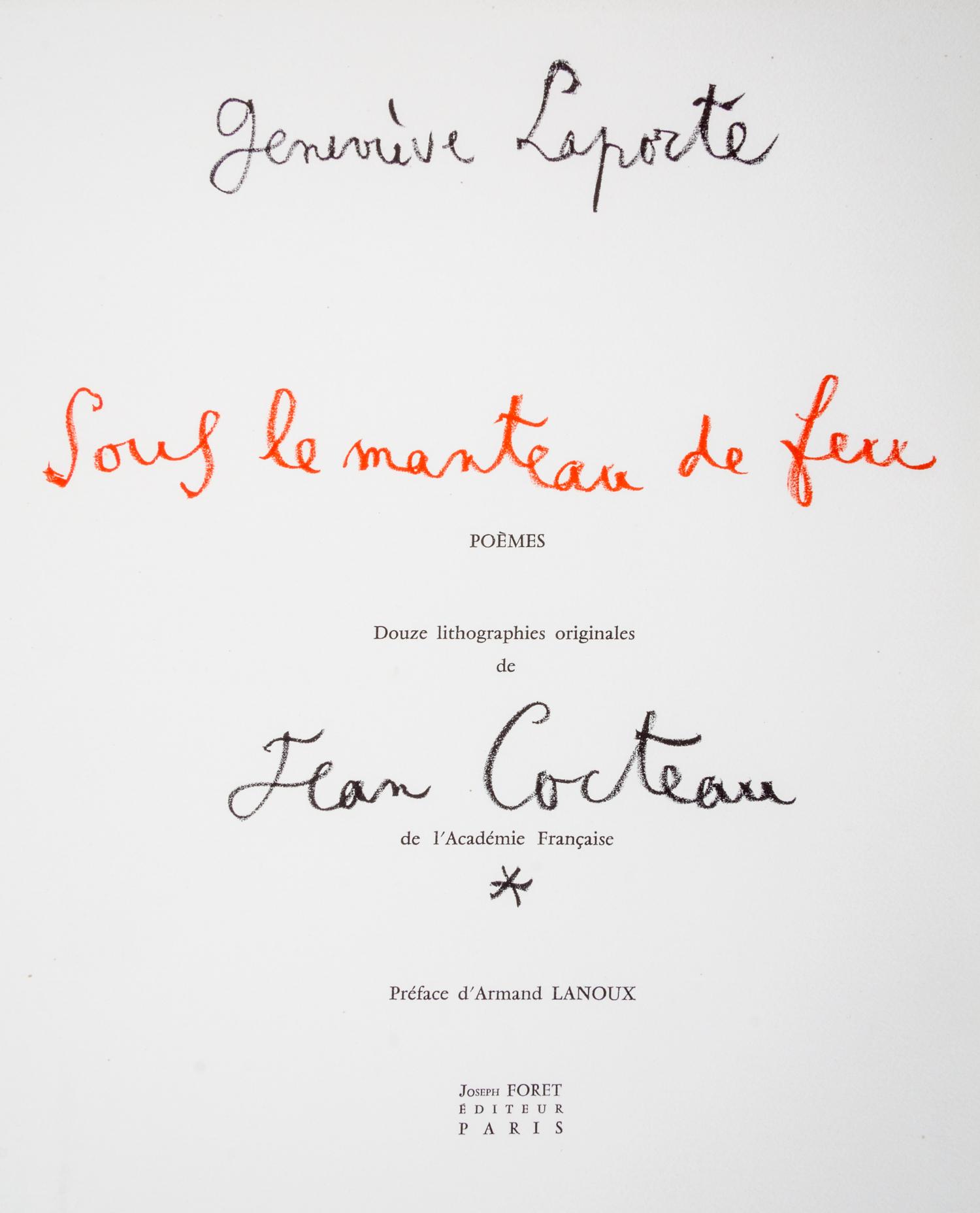 (COCTEAU, JEAN) LAPORTE, GENEVIEVE. Sous le manteau de feu. Paris, 1955. Limited, signed.