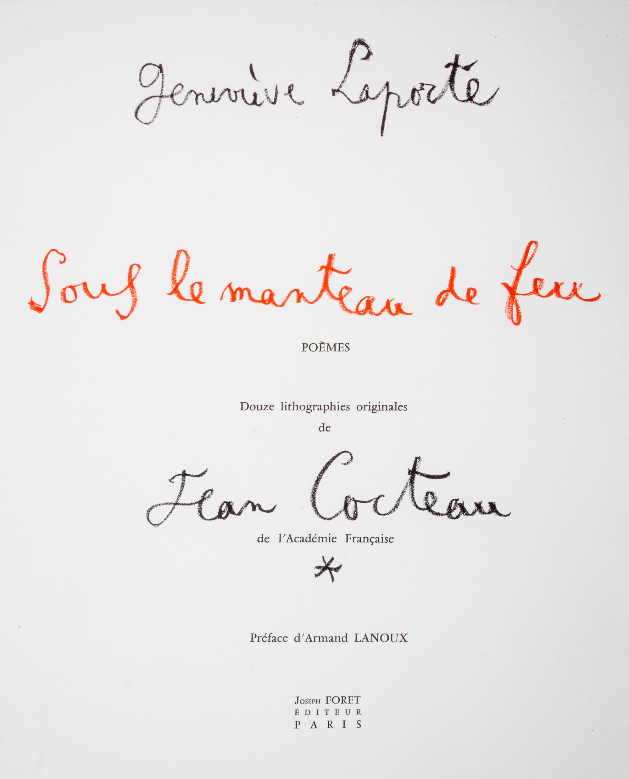 (COCTEAU, JEAN) LAPORTE, GENEVIEVE. Sous le manteau de feu. Paris, 1955. Limited, signed.
