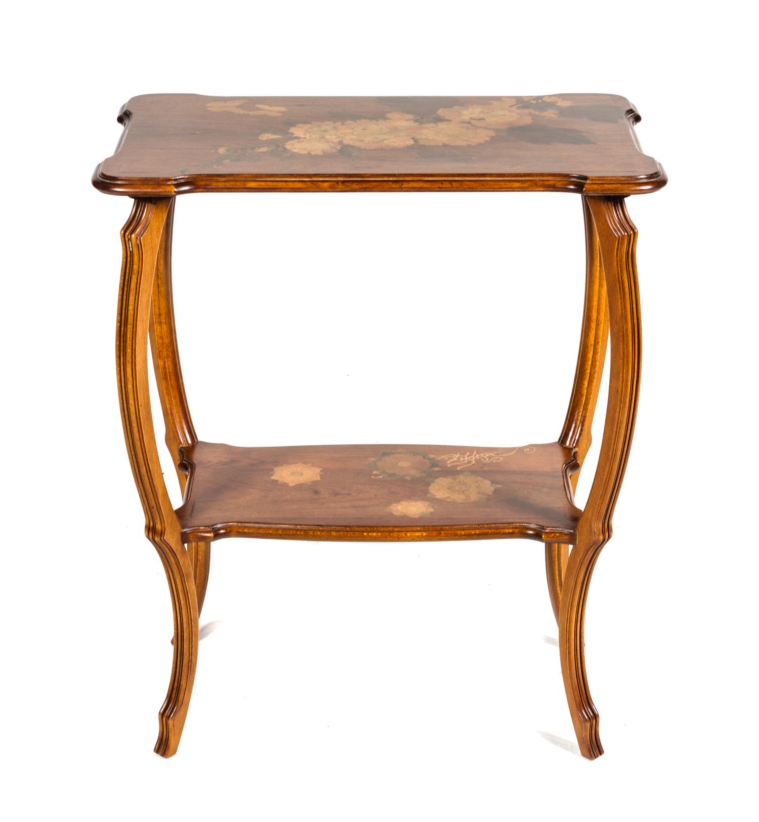 An Emile Galle Art Nouveau Marquetry Table Height 29 x width 24 x depth 14 inches.