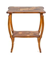An Emile Galle Art Nouveau Marquetry Table Height 29 x width 24 x depth 14 inches.