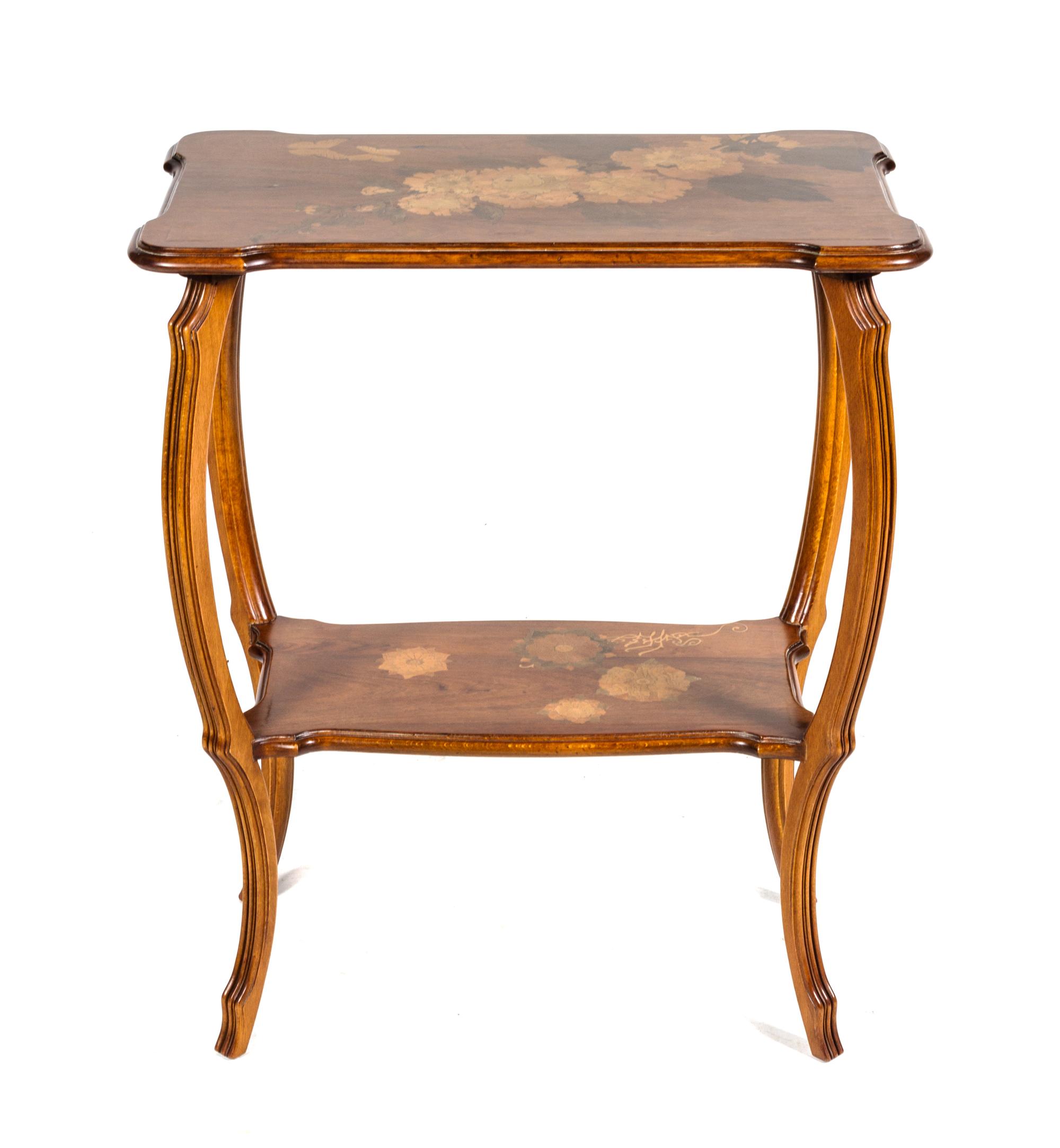 An Emile Galle Art Nouveau Marquetry Table Height 29 x width 24 x depth 14 inches.