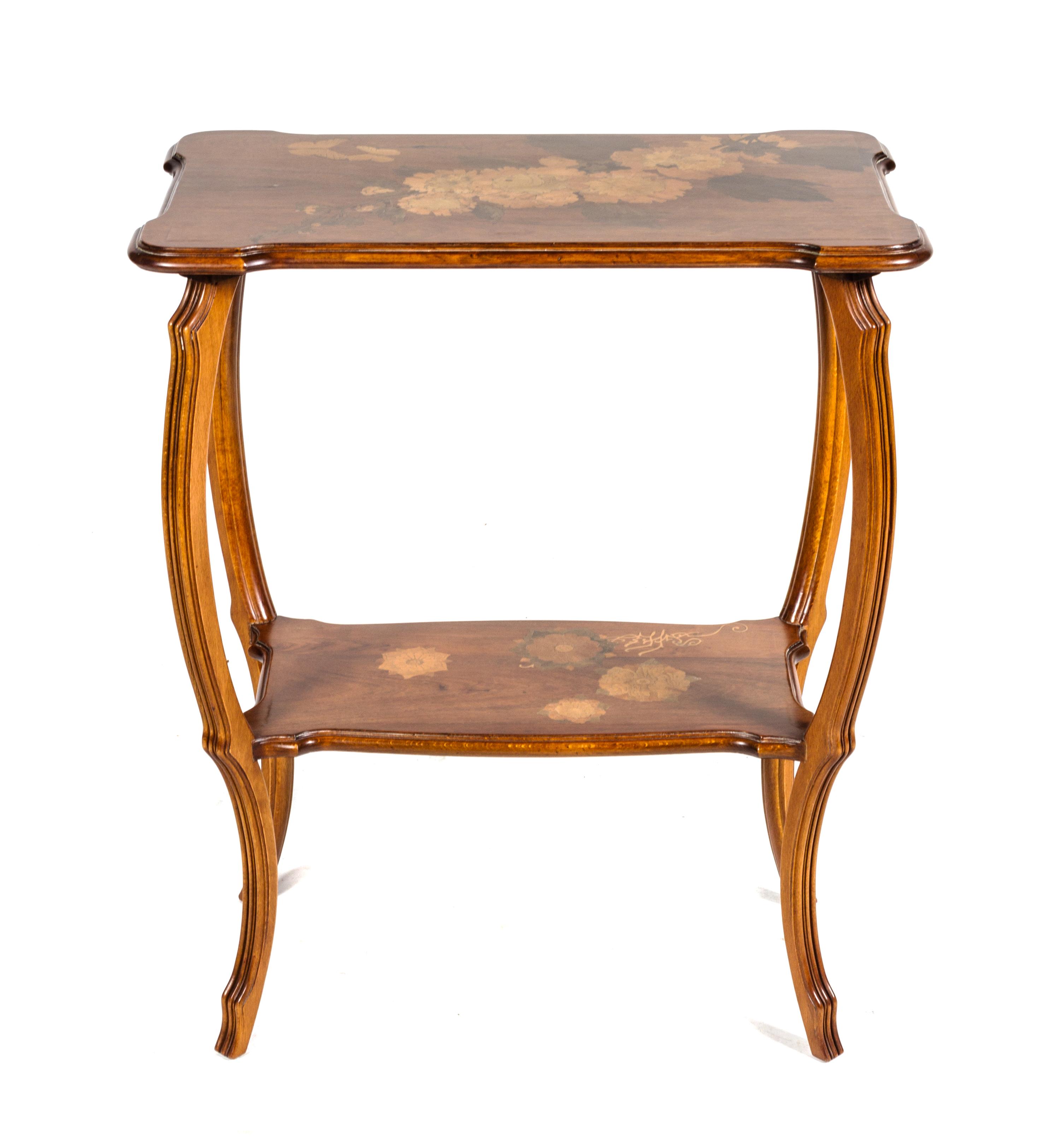 An Emile Galle Art Nouveau Marquetry Table Height 29 x width 24 x depth 14 inches.