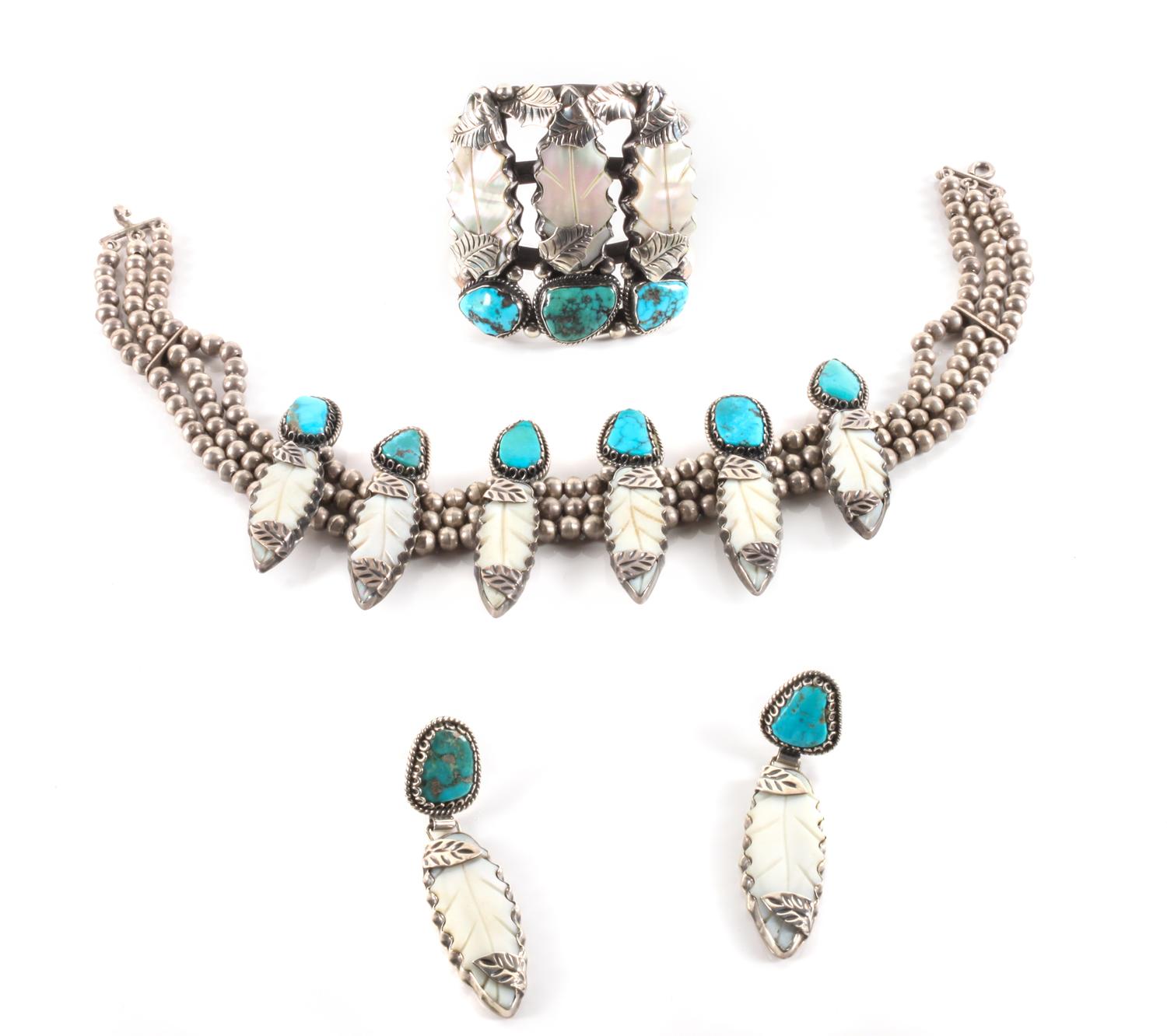 Louise Platero (Dine, 20th Century) Group of Silver, Turquoise and Mother of Pearl Jewelry Length of necklace 14 inches
