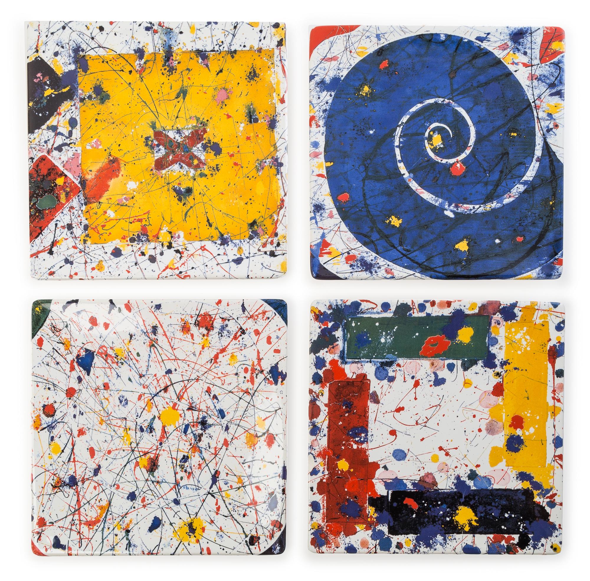 After Sam Francis, (American, 1923-1994), the complete set of four ceramic plates in colors, c. 2000, originally sold by the Museum of