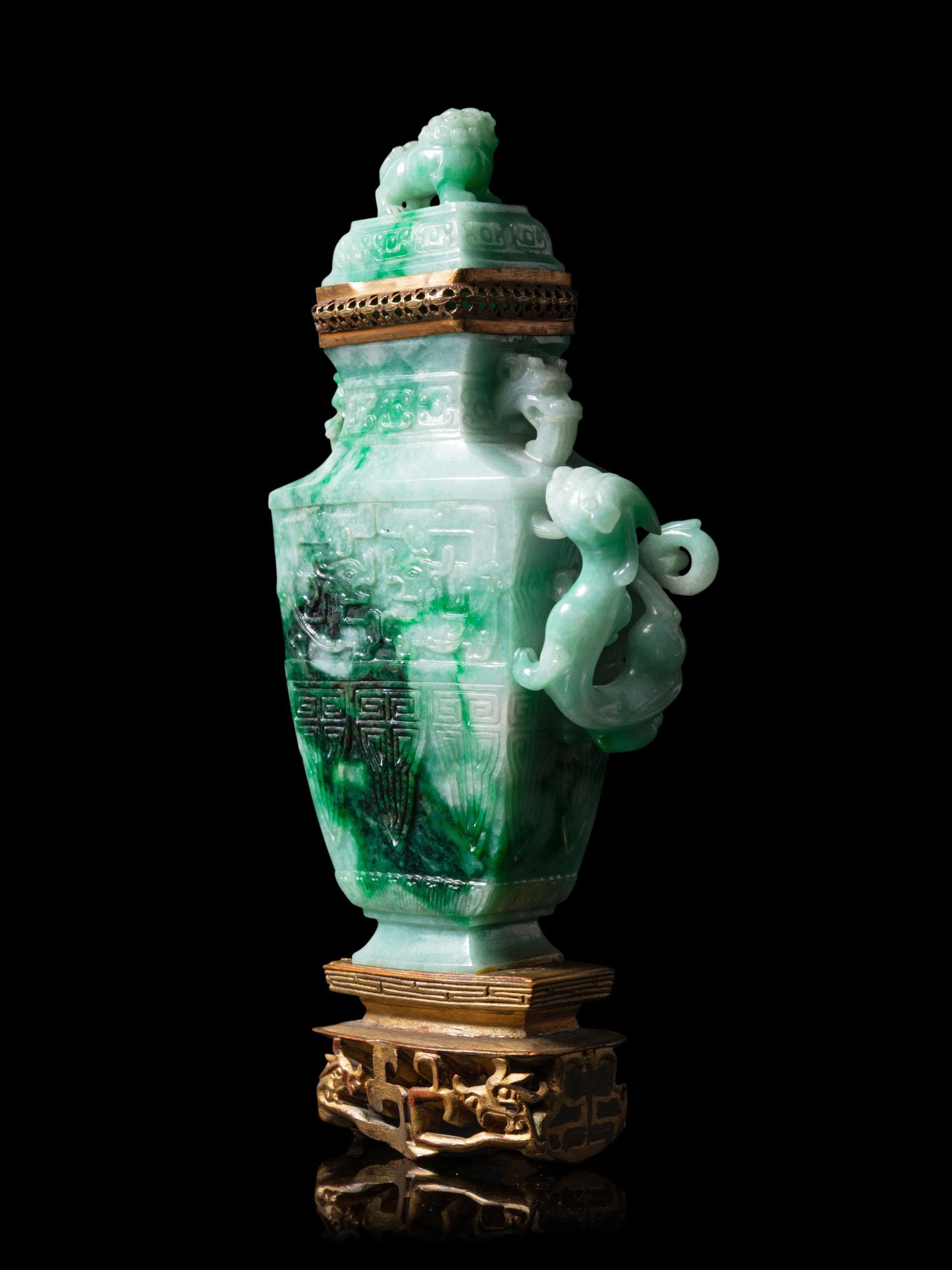 A Mottled Green Jadeite 'Dragon' Covered Vase