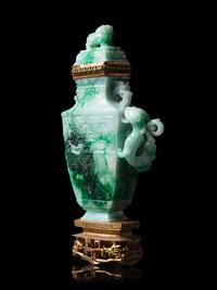 A Mottled Green Jadeite 'Dragon' Covered Vase