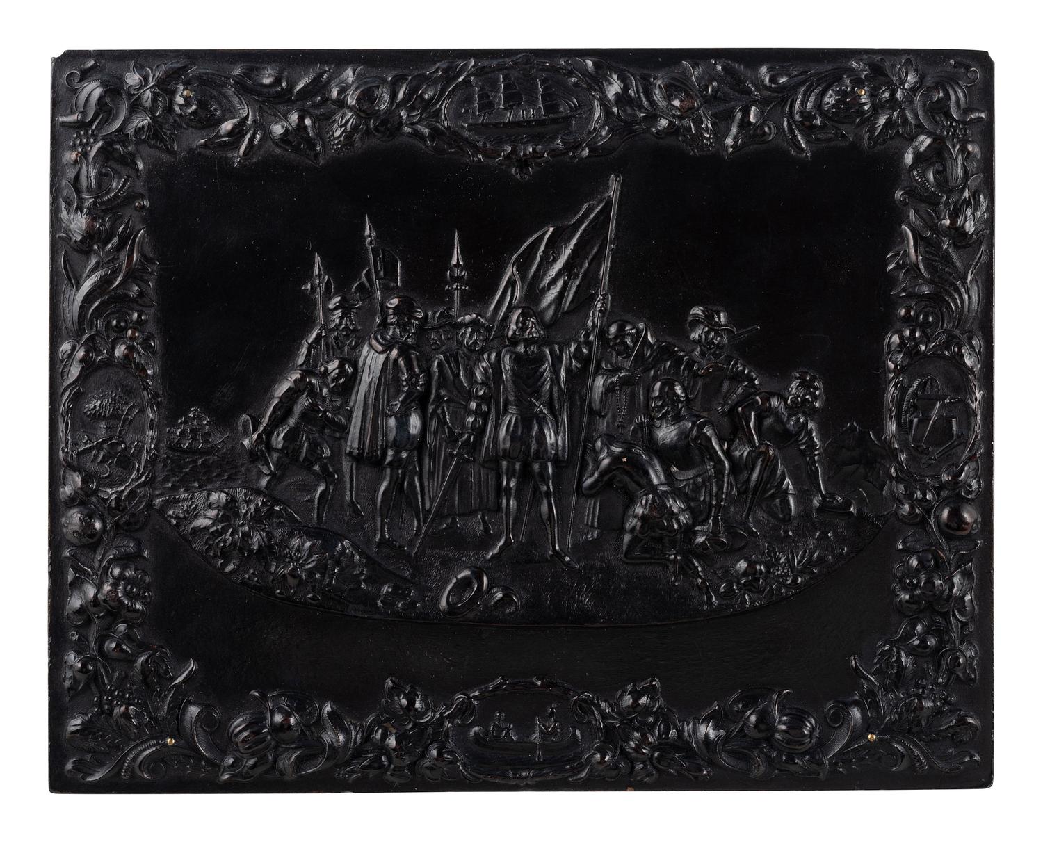 [EARLY PHOTOG.]. Landing of Columbus . Rare whole plate Union case containing ambrotype of a family.