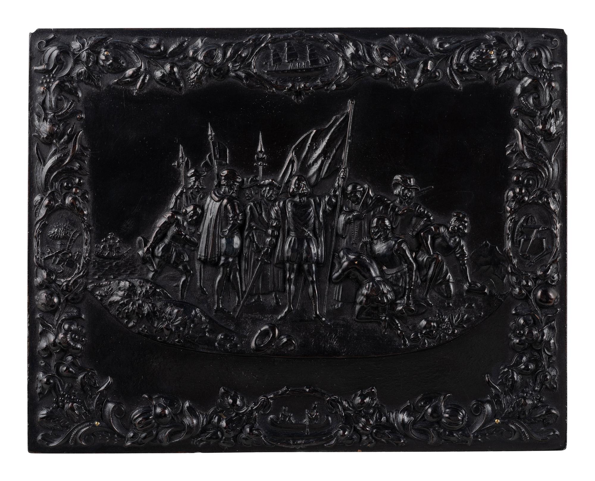 [EARLY PHOTOG.]. Landing of Columbus . Rare whole plate Union case containing ambrotype of a family.