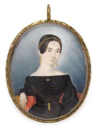 American School 19th century miniature portrait of a young lady seated on a red sofa, circa 1840