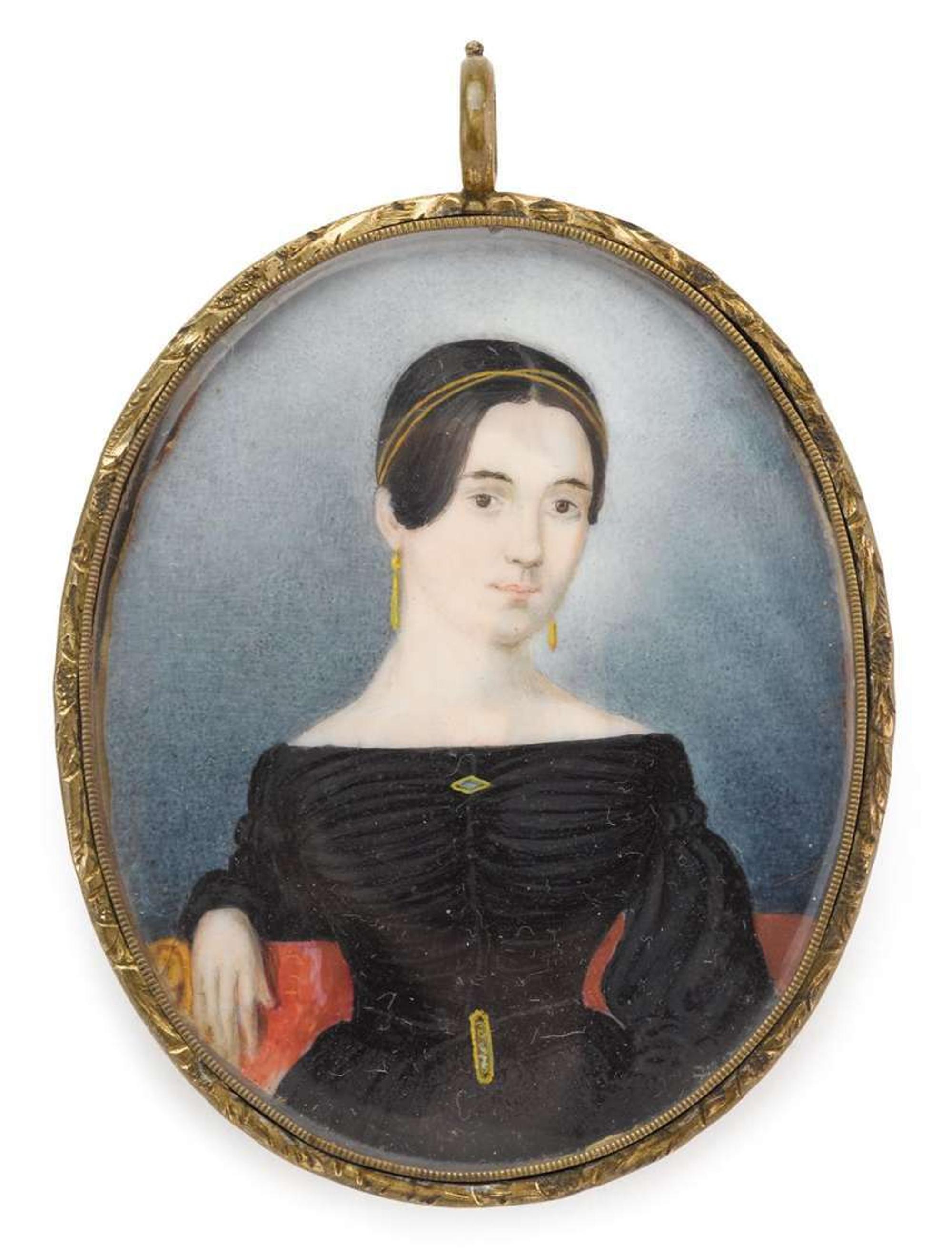 American School 19th century miniature portrait of a young lady seated on a red sofa, circa 1840