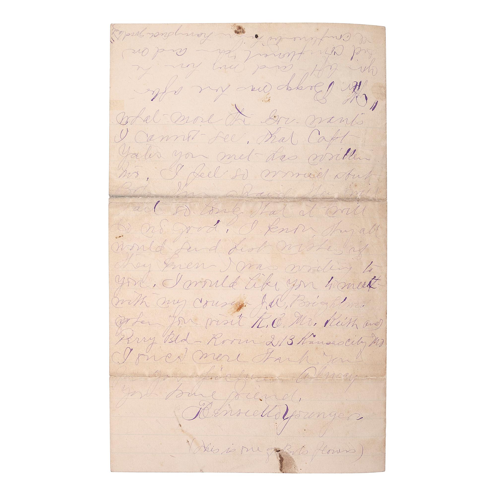[OUTLAWS & LAWMEN]. YOUNGER, Henrietta (1857-1915). Autograph letter signed to Miss Louie. Stillwater, MN, 18 July 1889. 4 pages, 8vo, creasing, partial separation at folds repaired with tape.
