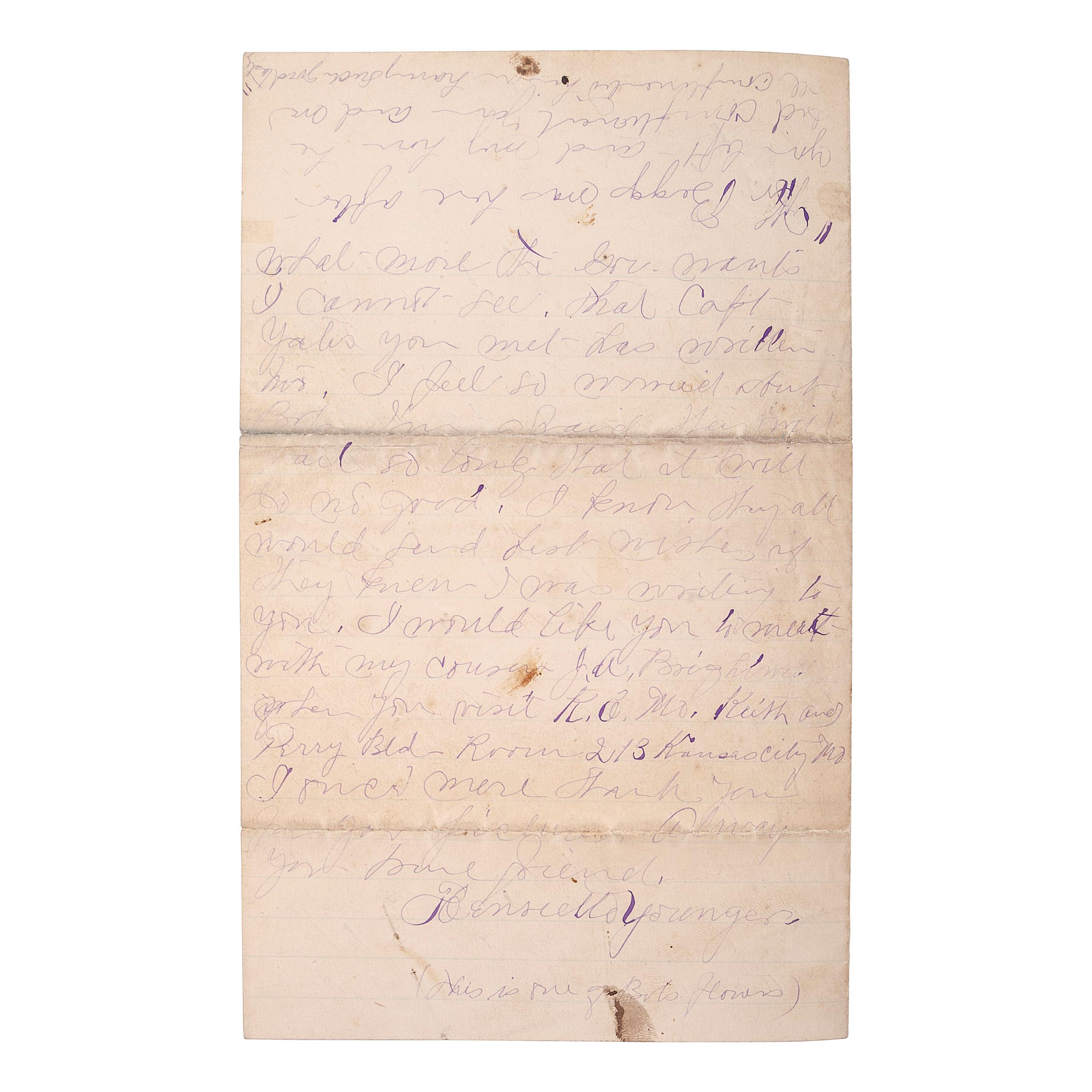 [OUTLAWS & LAWMEN]. YOUNGER, Henrietta (1857-1915). Autograph letter signed to Miss Louie. Stillwater, MN, 18 July 1889. 4 pages, 8vo, creasing, partial separation at folds repaired with tape.