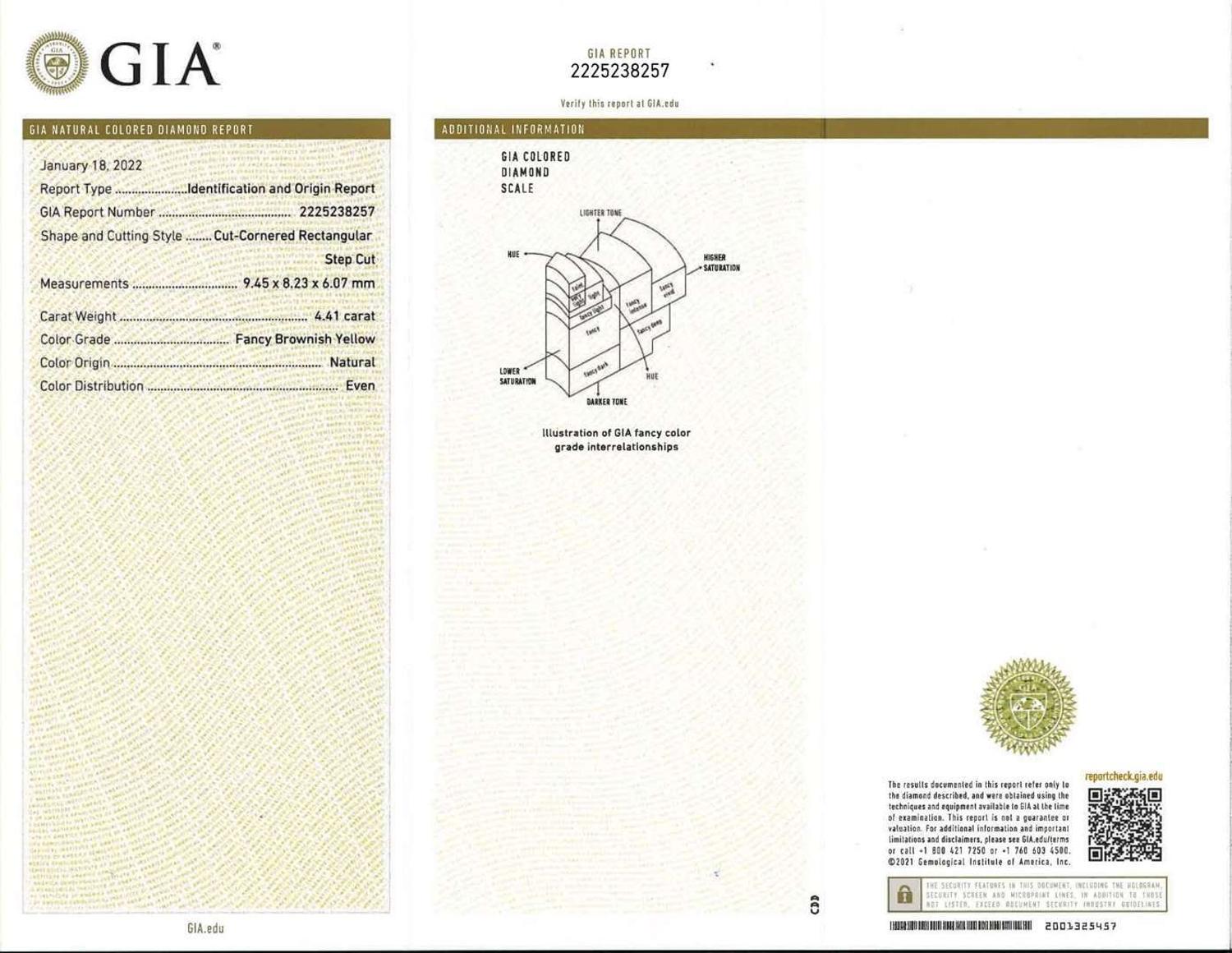 Colored Diamond, Platinum, and 18K White Gold Ring 4.41 Carat Rectangular Step-Cut Colored Diamond, GIA Certified