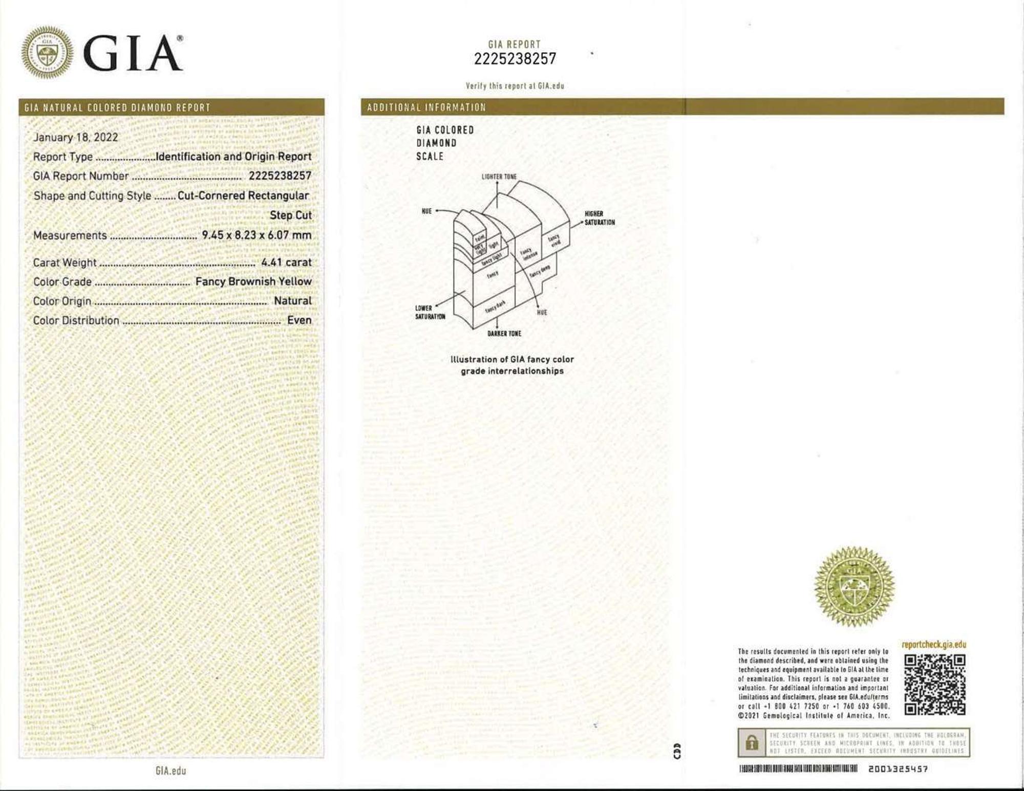 Colored Diamond, Platinum, and 18K White Gold Ring 4.41 Carat Rectangular Step-Cut Colored Diamond, GIA Certified