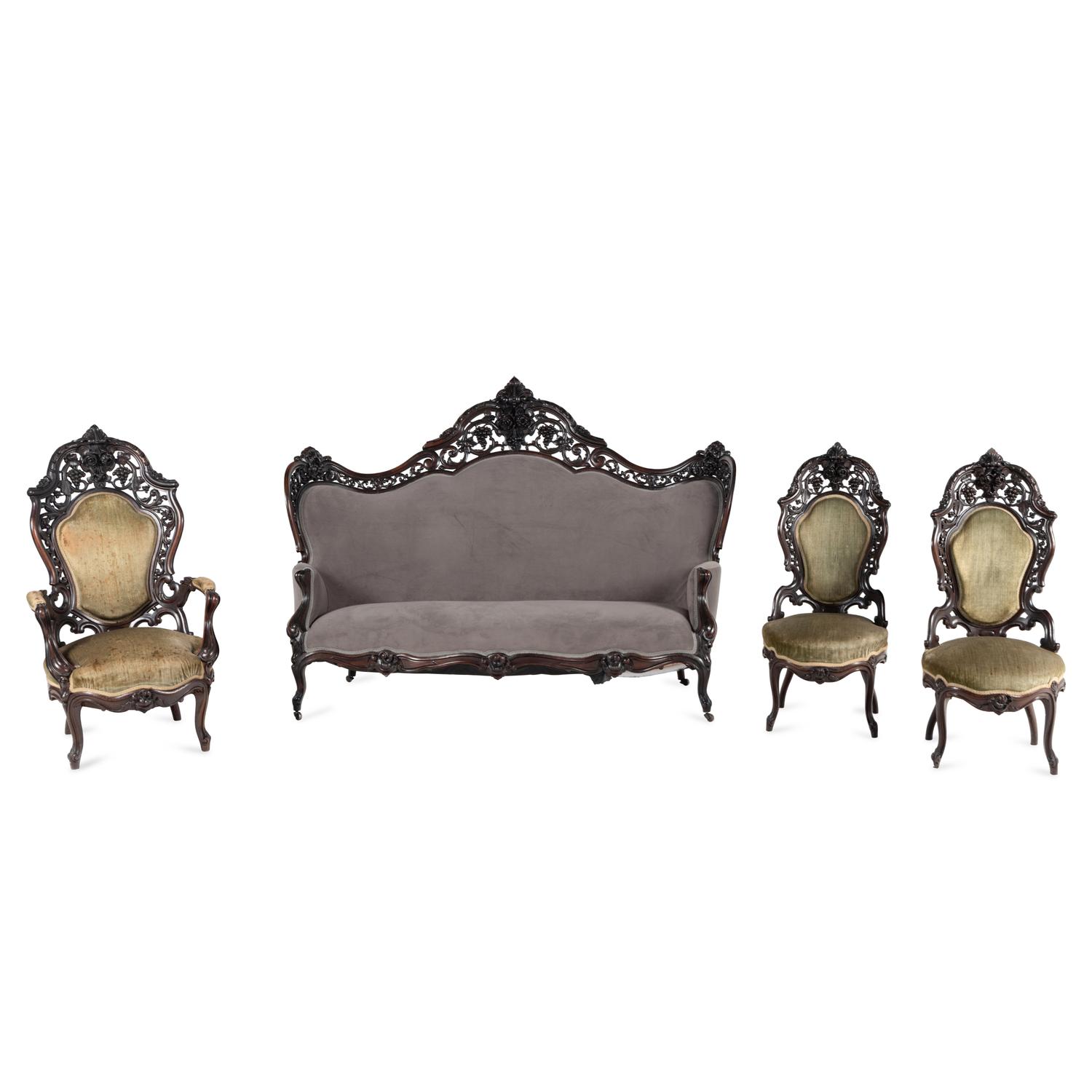 A Renaissance Revival Rosewood Four-Piece Seating Suite
