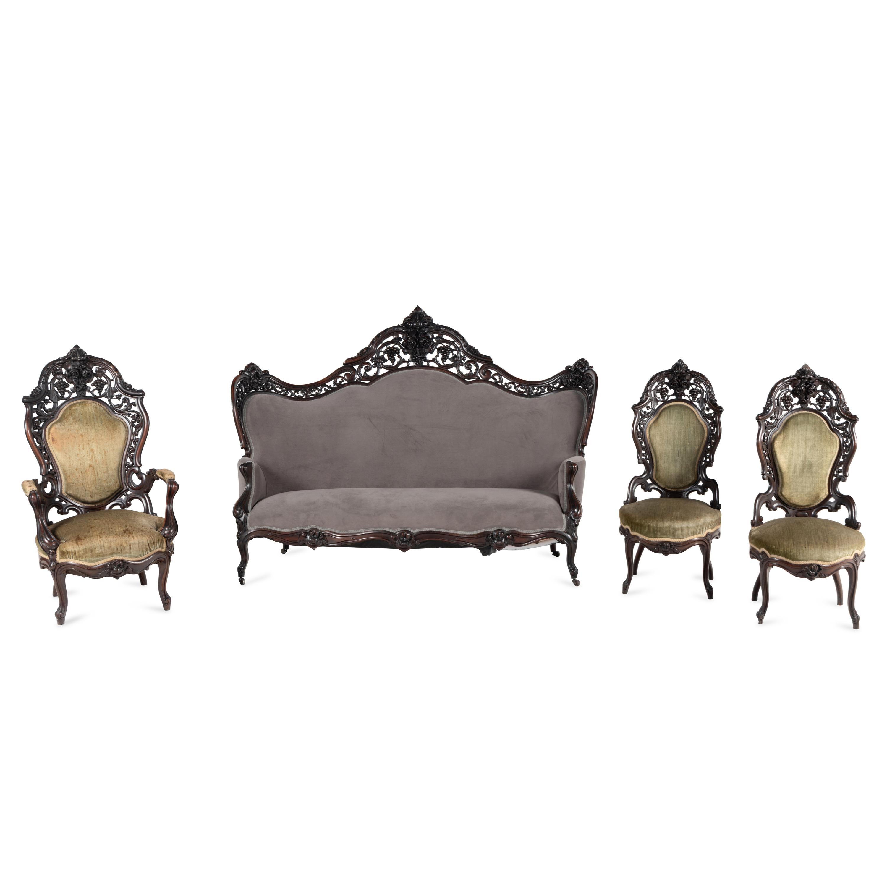 A Renaissance Revival Rosewood Four-Piece Seating Suite