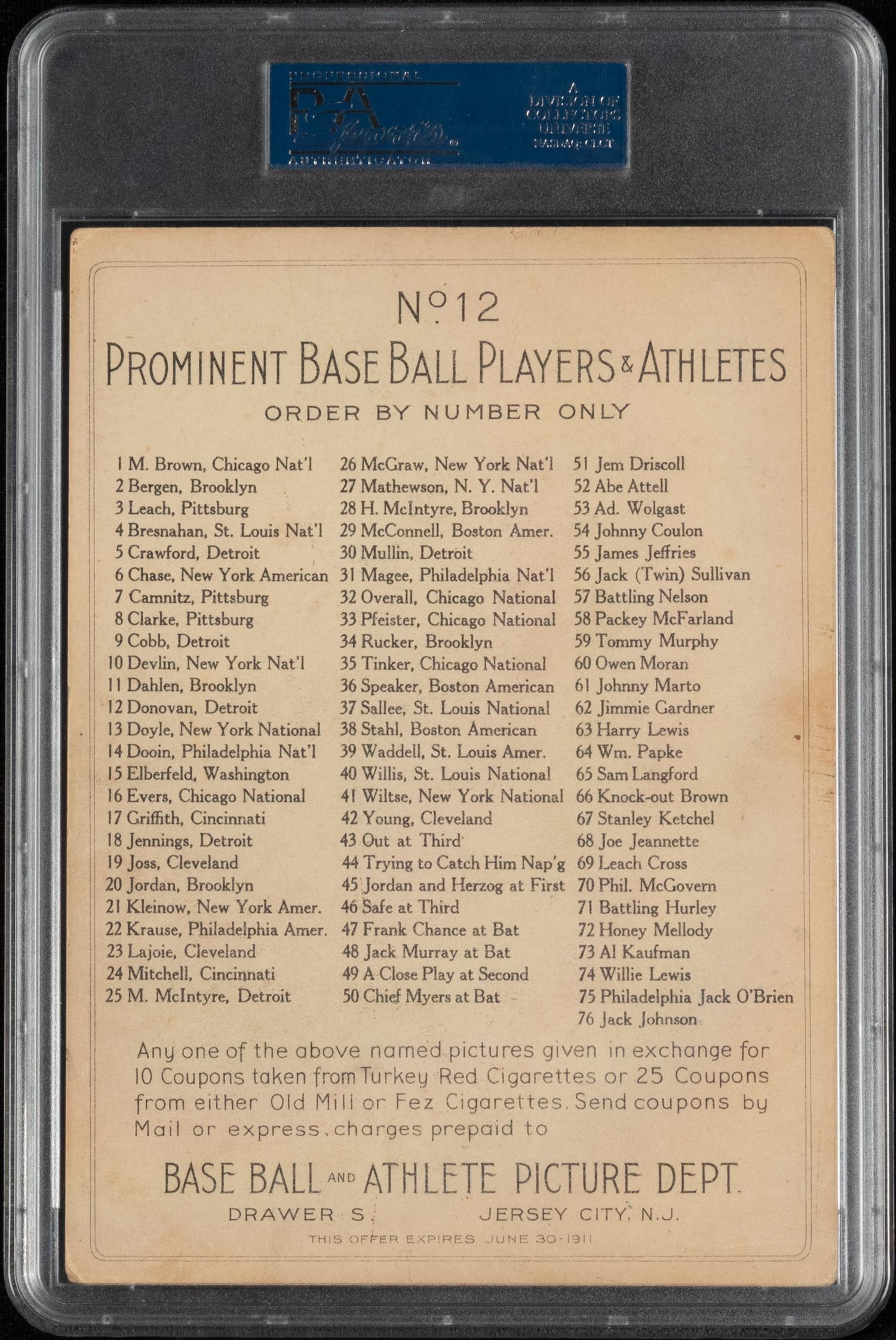 A 1911 T3 Turkey Red Cabinets Wild Bill Donovan Baseball Card (PSA 3.5 VG+) Checklist Back