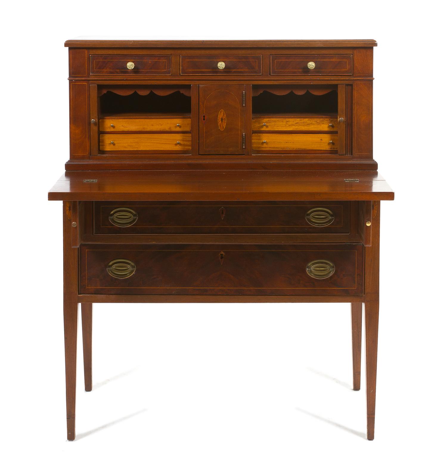 An American Mahogany Writing Desk, Height 45 1/4 x width 37 x depth 18 1/4 inches.
