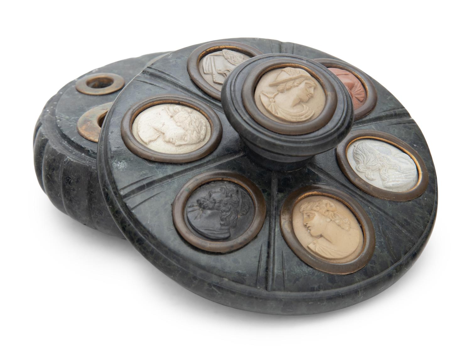 A Grand Tour Intaglio-Inset Marble Inkwell and Cover