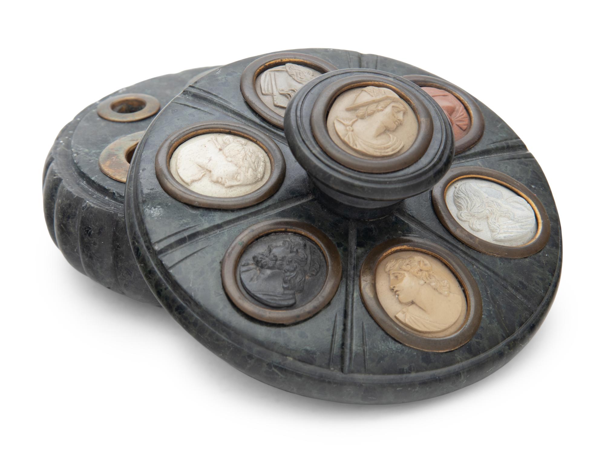 A Grand Tour Intaglio-Inset Marble Inkwell and Cover