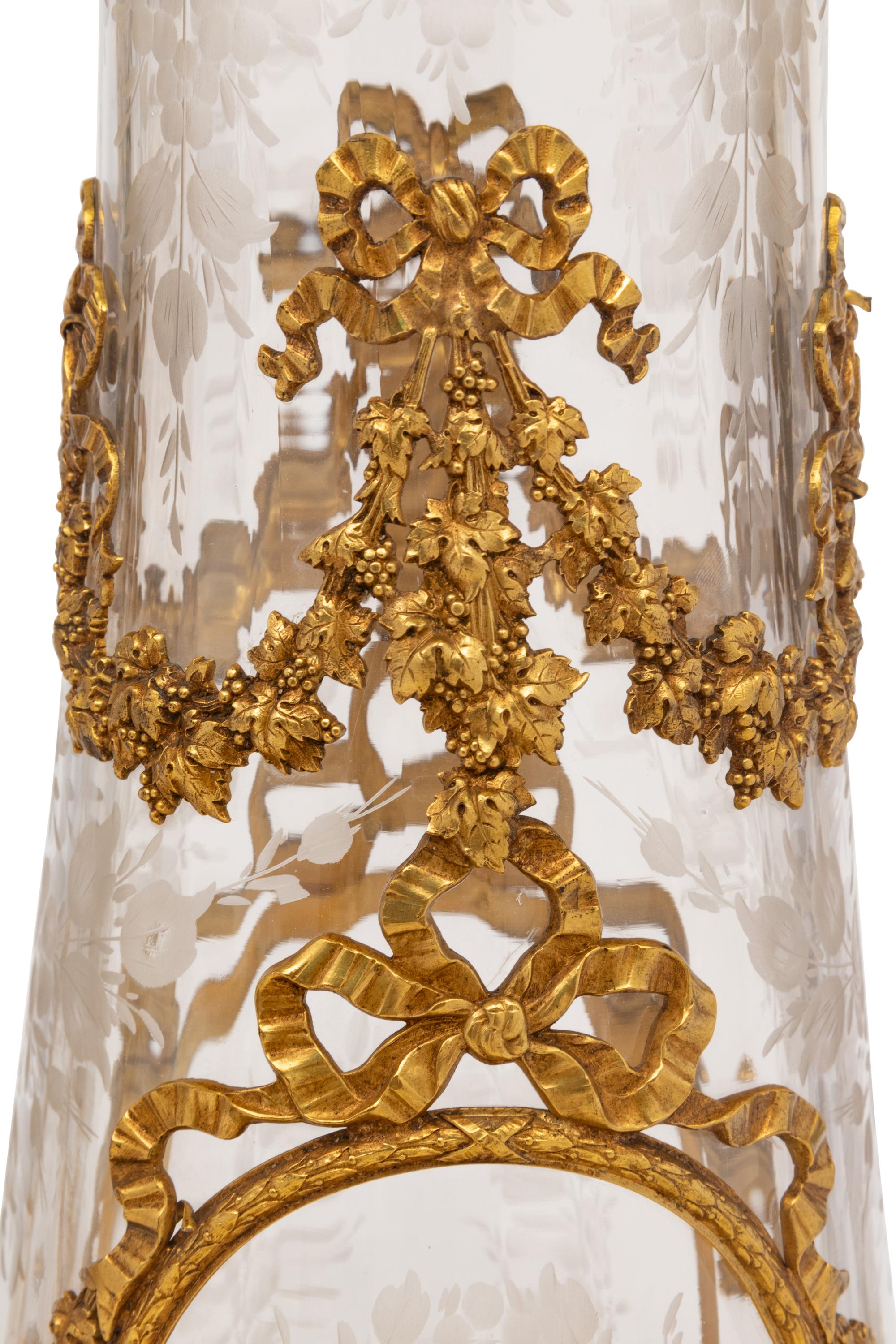 A Pair of French Gilt Metal Mounted Etched Glass Vases