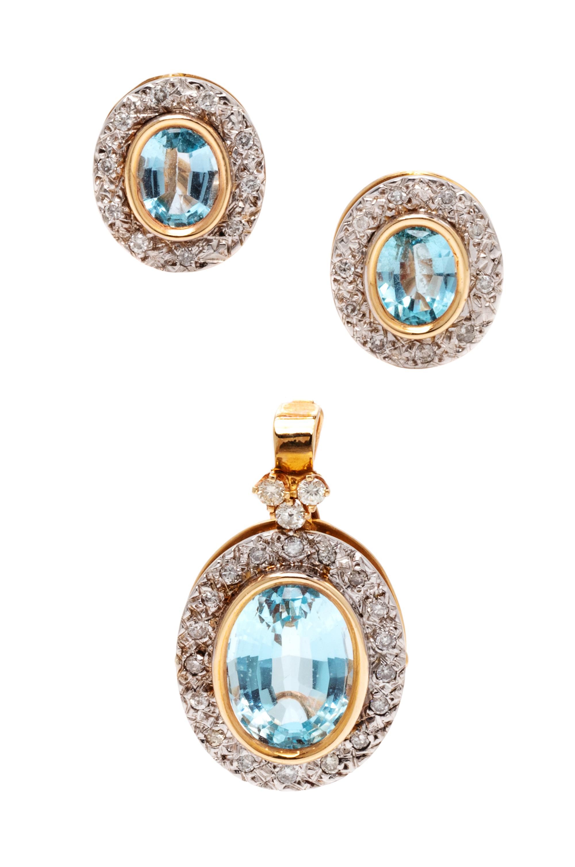 A Bicolor Gold, Blue Topaz and Diamond Demi-Parure,