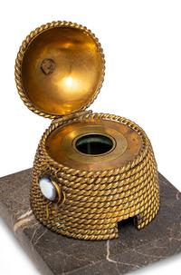 A Gilt Bronze and Hardstone Beehive Inkwell