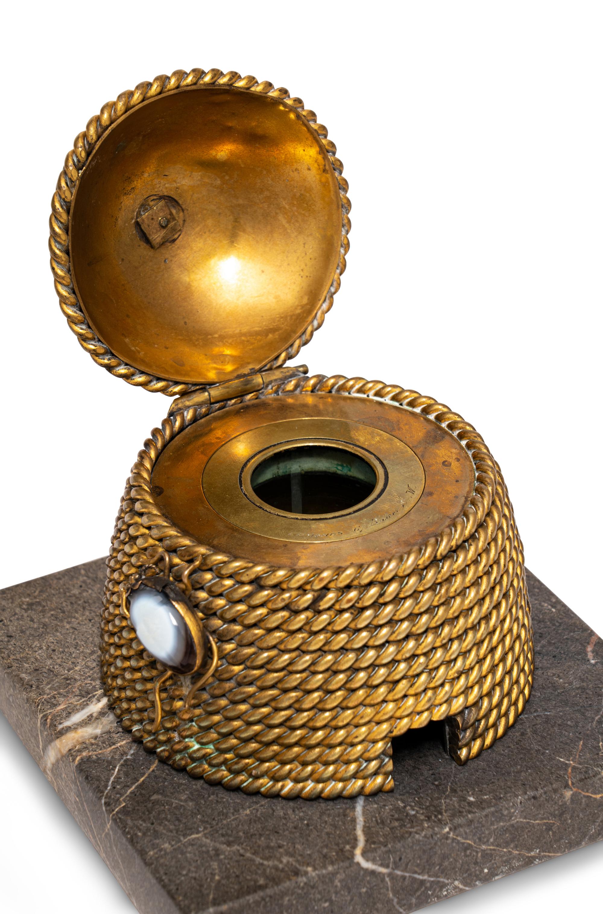 A Gilt Bronze and Hardstone Beehive Inkwell