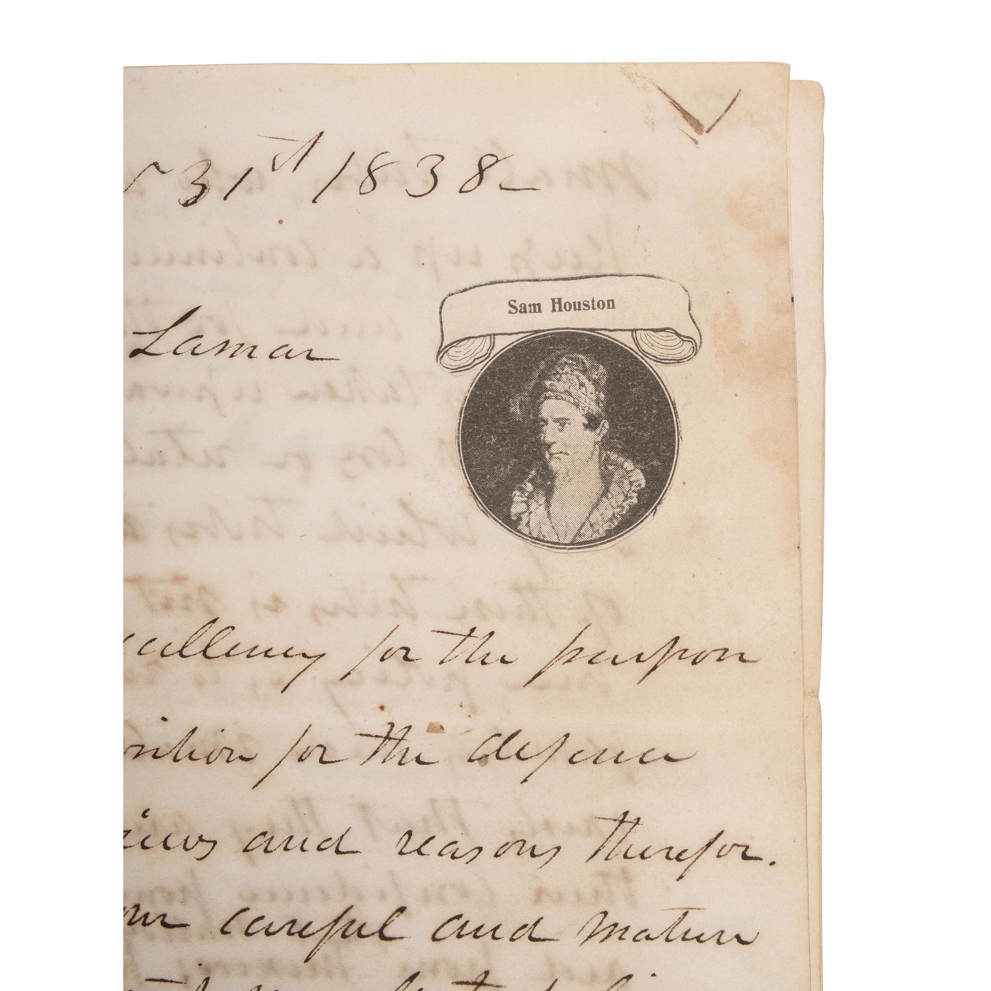 [REPUBLIC OF TEXAS]. HUSTON, Felix (1800-1857). Autograph letter signed ("Felix Huston"), "To His Excellency Mirabeau B. Lamar President of Texas," a draft detailing "a proposition for the defense of Texas." City of Houston, 31 December 1838.