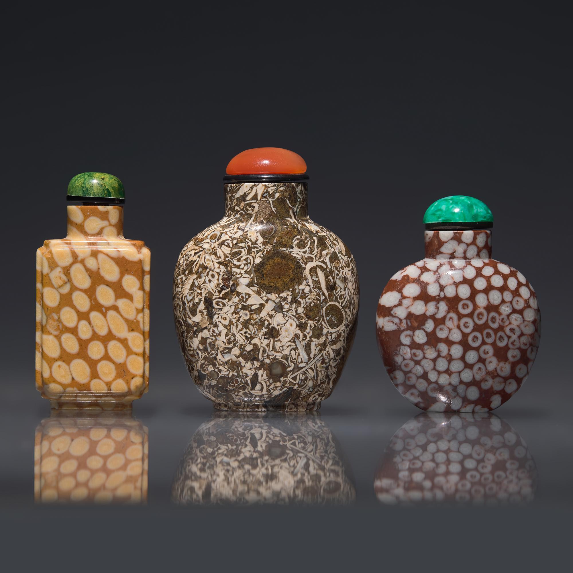 Three Fossiliferous Limestone Snuff Bottles, Qing Dynasty, 19th Century — 清晚期 石化石灰石鼻煙壺三支