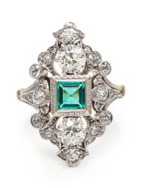 A Platinum Topped Yellow Gold, Emerald and Diamond Ring,
