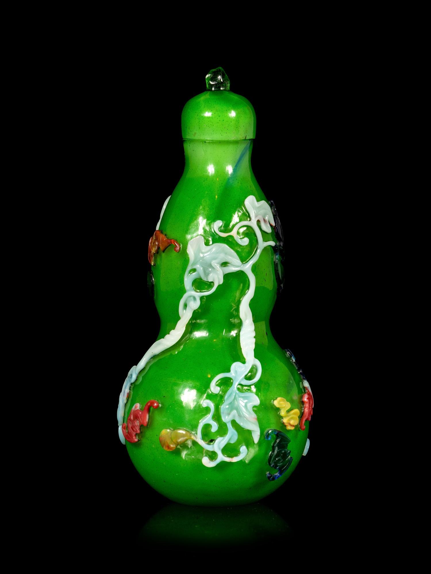 An Unusual Chinese Five Color Overlay Transparent Green Gourd-Form Vase and Cover