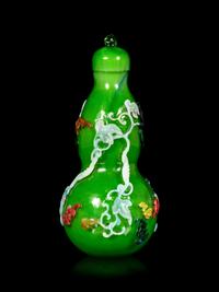 An Unusual Chinese Five Color Overlay Transparent Green Gourd-Form Vase and Cover