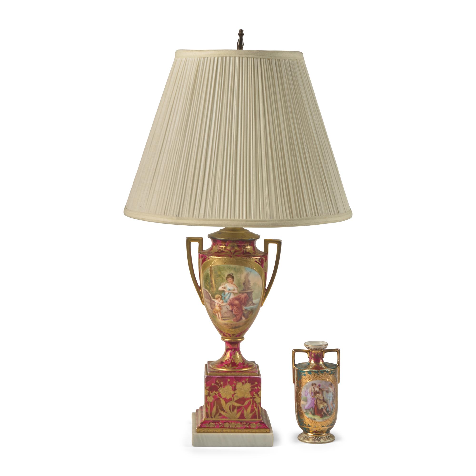 Two Vienna Style Porcelain Vases, One Mounted as a Lamp
