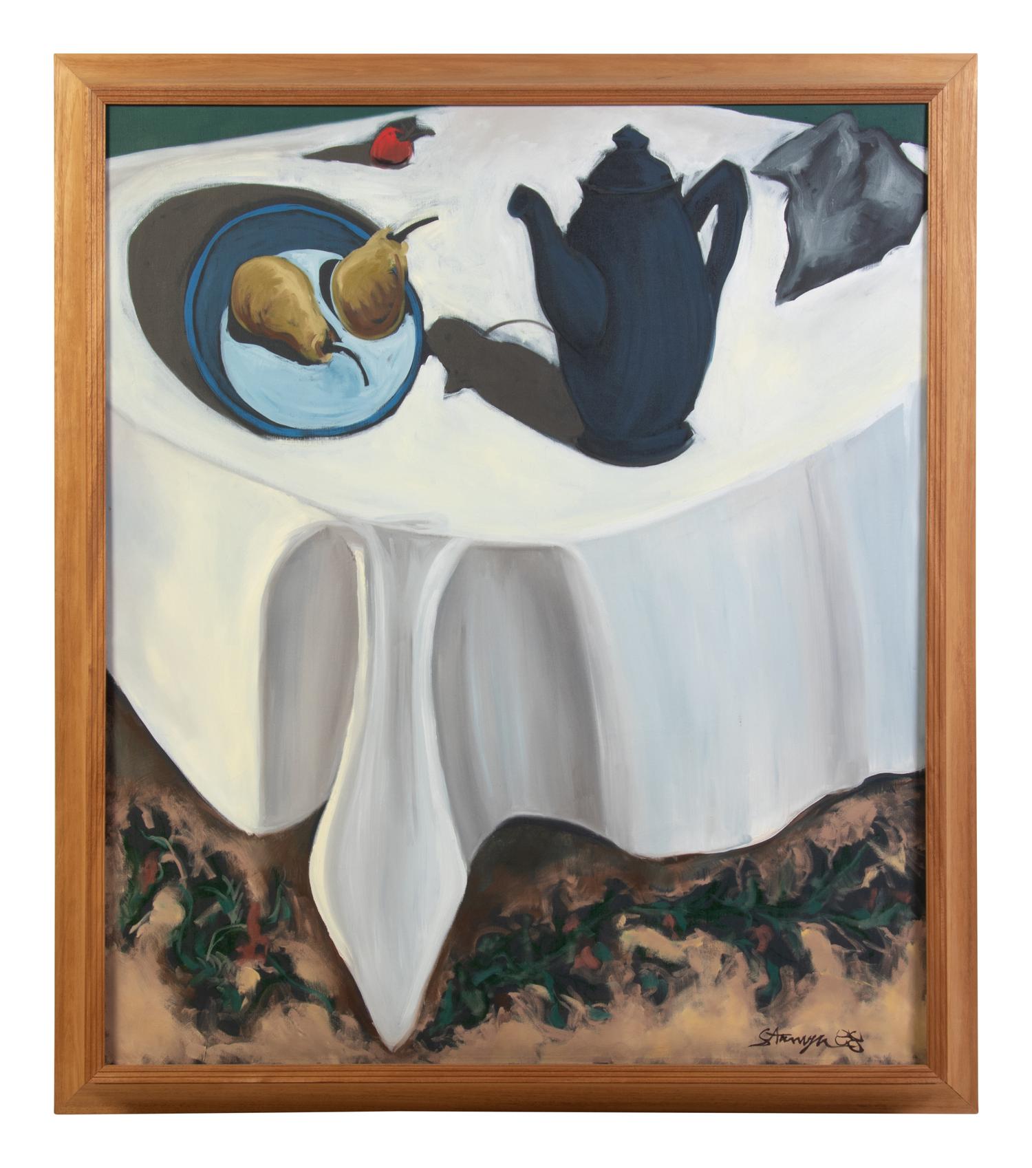 Dark Blue Teapot on White Table Cloth Still Life