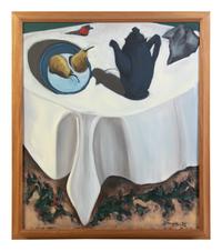 Dark Blue Teapot on White Table Cloth Still Life