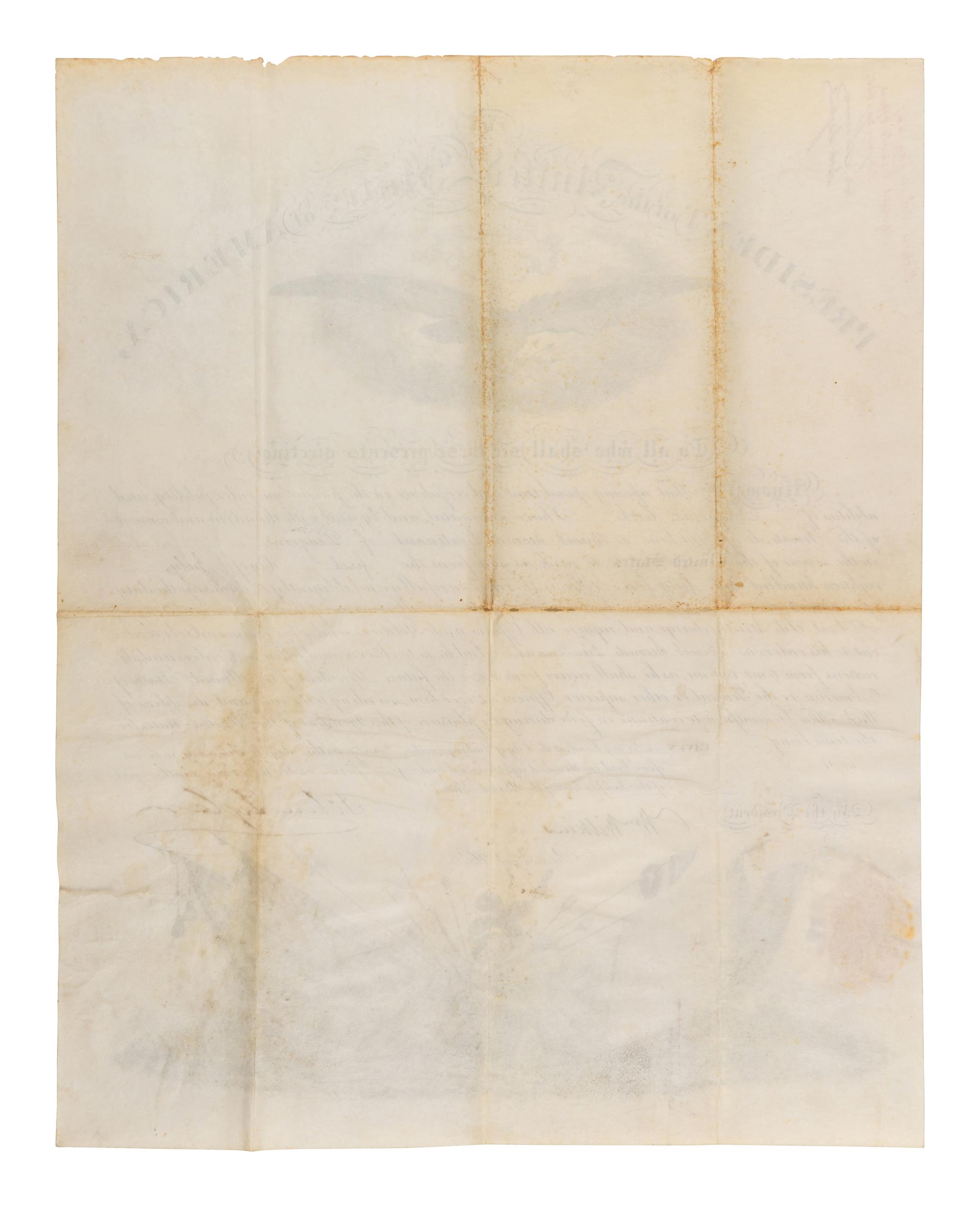 TYLER, John (1790-1862). Partly printed document signed ("John Tyler"), as President, countersigned by William Wilkins (1779-1865), Secretary of War. 26 February 1845.