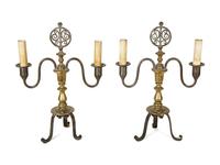 A Pair of Steel and Brass Candelabra Converted to Electricity