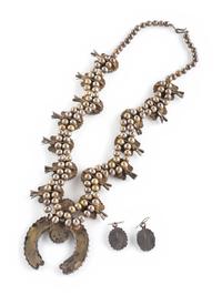 Zuni Petit Point Turquoise Cluster Squash Blossom Necklace AND Hook Earrings