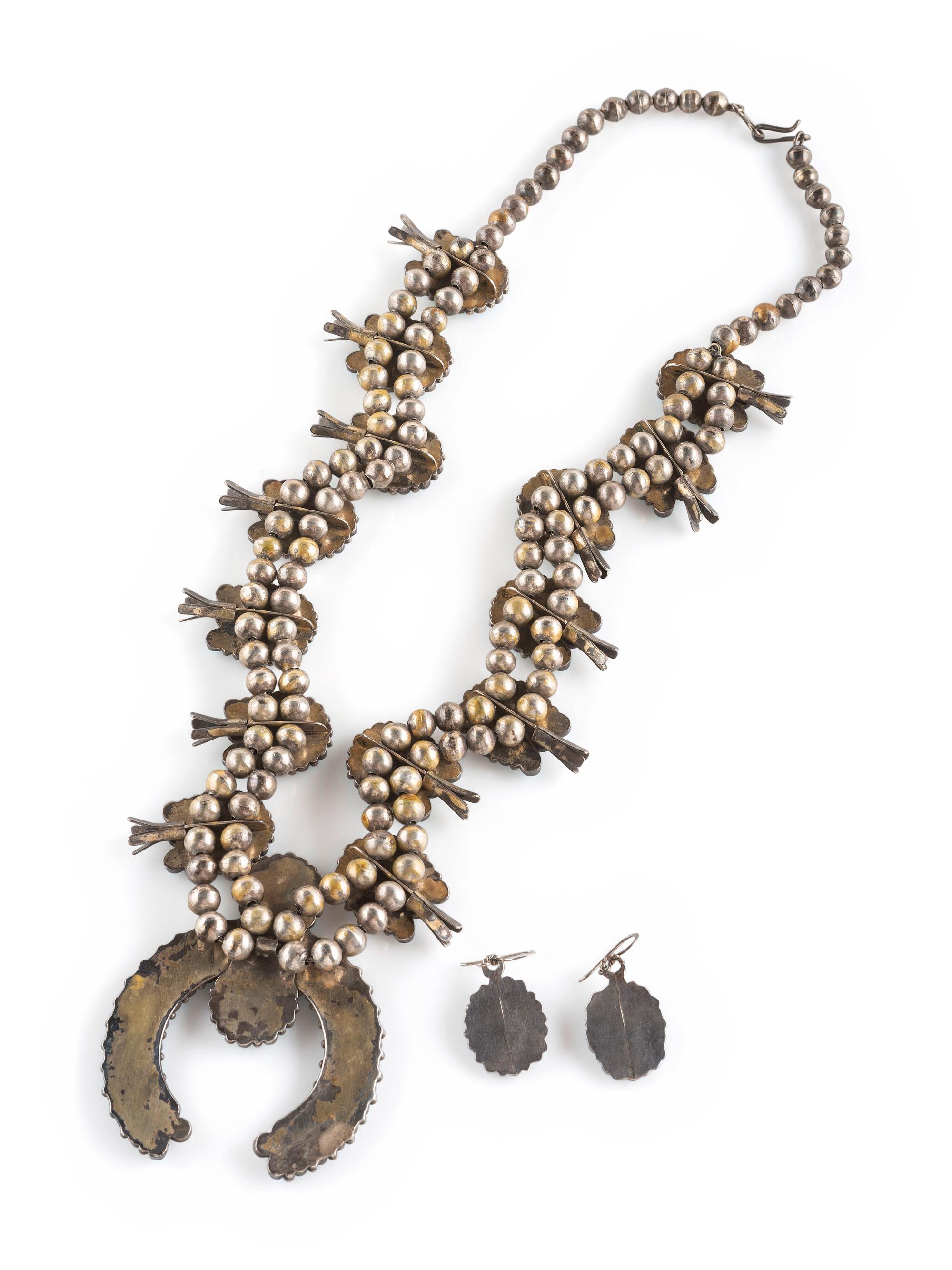 Zuni Petit Point Turquoise Cluster Squash Blossom Necklace AND Hook Earrings