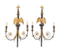 A Pair of Federal Style Ebonized and Parcel-Gilt Two-Light Sconces